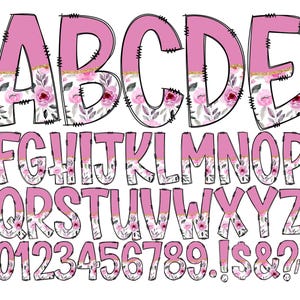 Letras de doodle de flores, fondo transparente, paquete alfa guardado individualmente con flores, alfabeto doodle completo, números en mayúsculas y minúsculas 136