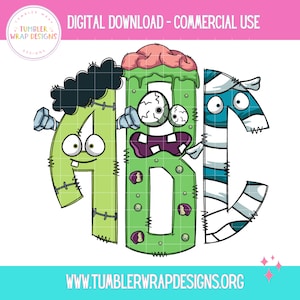 Frankenstein Zombie Mummy Spooky PNG Monogram Scary Letters, Niños Sublimación PNG Elementos Camiseta Png Diseño, Esqueleto Floral Sublim...