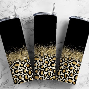 Black leopard print glitter  20oz Sublimation Tumbler Designs, Gold Leopard 9.2 x 8.3” Straight Skinny Tumbler Wrap PNG