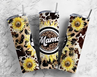 Cowhide Leopard Print  20oz Sublimation Tumbler Designs, Sunflower Mama 9.2 x 8.3” Straight Skinny Tumbler Wrap PNG, Sublimation Design PNG