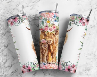 Highland Cow Flowers 20oz Sublimacja Tumbler Designs, Rodzina krów 9,2 x 8,3” Tumbler Png, Pobieranie cyfrowe