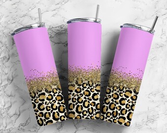Pastel Pink  20oz Sublimation Tumbler Designs, Gold Leopard 9.2 x 8.3” Straight Skinny Tumbler Wrap PNG