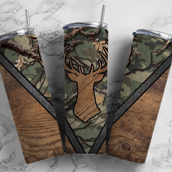 Camo Deer Hunting 20oz Sublimation Tumbler Designs, Woodgrain Man 9.2 x 8.3" Straight Skinny Tumbler Wrap PNG 96