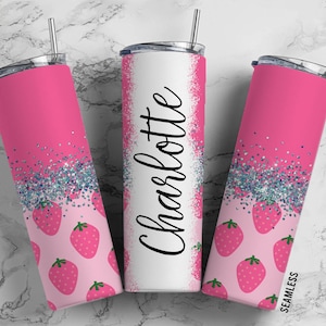 Erdbeer-Rosa-Frucht-Sommer 20 Unzen Sublimationsbecher-Designs, Silber Glitter Split 9,2 x 8,3 ”gerade dünne Becherverpackung PNG 184