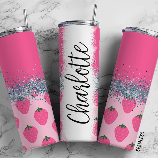 Strawberry Pink Fruit Summer 20oz Sublimation Tumbler Designs, Silver Glitter Split 9.2 x 8.3" Straight Skinny Tumbler Wrap PNG 184