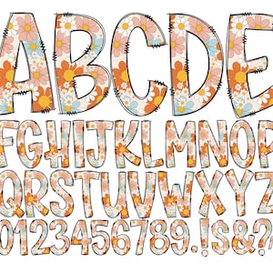 Letras de doodle de flores retro, fondo transparente, paquete de alfabeto guardado individualmente, alfabeto doodle completo, números en mayúsculas y minúsculas PNG