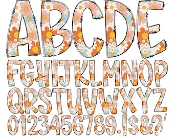 Lettres de griffonnage de fleurs rétro, fond transparent, pack alpha enregistré individuellement, tout l'alphabet de griffonnage majuscules minuscules chiffres PNG