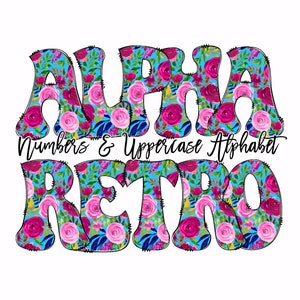 Letras de garabatos florales en forma de rosa, estilo retro con fondo transparente, paquete de alfabetos guardados individualmente, alfabeto completo en mayúsculas y números