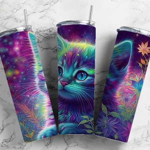 Alcohol Ink Kitten 20oz Sublimation Tumbler Designs, Rainbow Cat 9.2 x 8.3” Straight Skinny Tumbler Wrap PNG, Sublimation Design PNG