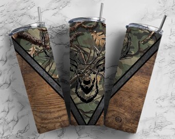 Camo Deer Hunting 20oz Sublimation Tumbler Designs, Woodgrain Man  9.2 x 8.3” Straight Skinny Tumbler Wrap PNG Stag