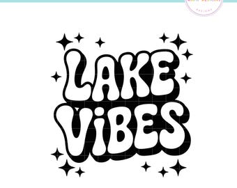 May include: Black and white graphic design with the words "LAKE VIBES" in a retro font, surrounded by star shapes. The design is suitable for various products, such as stickers, apparel, or home decor.