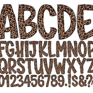 Letras de doodle con estampado de leopardo, paquete de alfabeto guardado individualmente, fondo transparente, alfabeto doodle completo, mayúsculas, minúsculas, números PNG 1