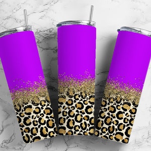 Neon Purple 20oz Sublimation Tumbler Designs, Gold glitter leopard 9.2 x 8.3” Straight Skinny Tumbler Wrap PNG