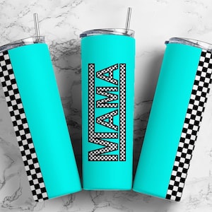 Neon Teal Blue Mama 20oz Sublimation Tumbler Designs, Checker Retro Mama 9.2 x 8.3” Straight Skinny Tumbler Wrap PNG, Sublimation Design PNG