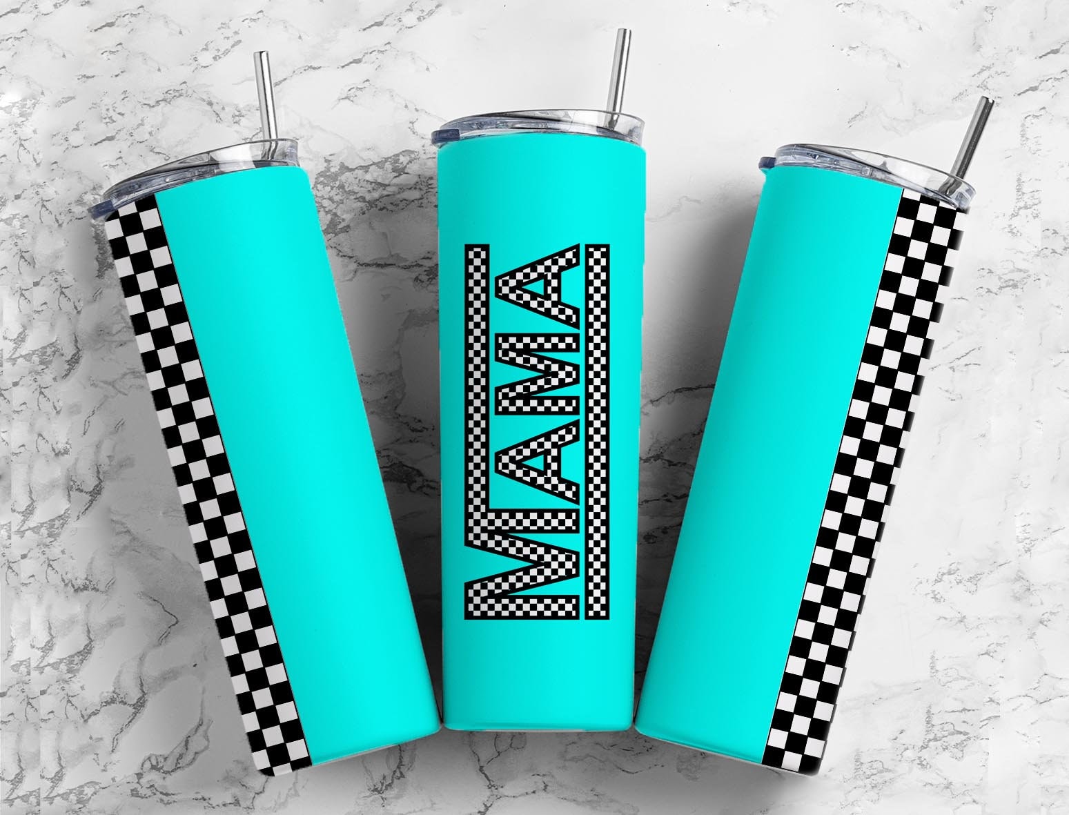 Neon Teal Blue Mama 20 once disegni per bicchieri a sublimazione, Checker Retro Mama 9,2 x 8,3" dritti e skinny per bicchieri PNG, design a sublimazione PNG