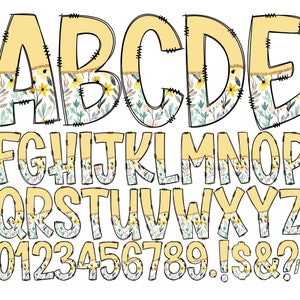 Letras de doodle de flores, fondo transparente, paquete alfa guardado individualmente con flores, alfabeto doodle completo, números en mayúsculas y minúsculas 141