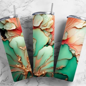 Painted floral 20oz Sublimation Tumbler Designs, green and gold 9.2 x 8.3” Straight Skinny Tumbler Wrap PNG