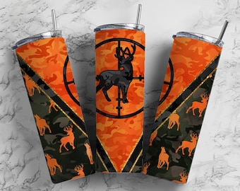Deer Hunting 20oz Sublimation Tumbler Designs, Camo Orange 9.2 x 8.3” Straight Skinny Tumbler Wrap, Mens Tumbler
