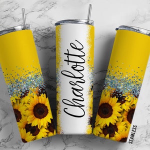 Sunflower Yellow 20oz Sublimation Tumbler Designs, Flower Glitter Split 9.2 x 8.3” Straight Skinny Tumbler Wrap PNG, Aesthetic 130