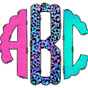 Letras monograma con estampado de leopardo neón, paquete de garabatos alfa en PNG de sublimación a cuadros fluorescentes de color rosa y morado, fuente de sublimación iridiscente con diseño floral PNG
