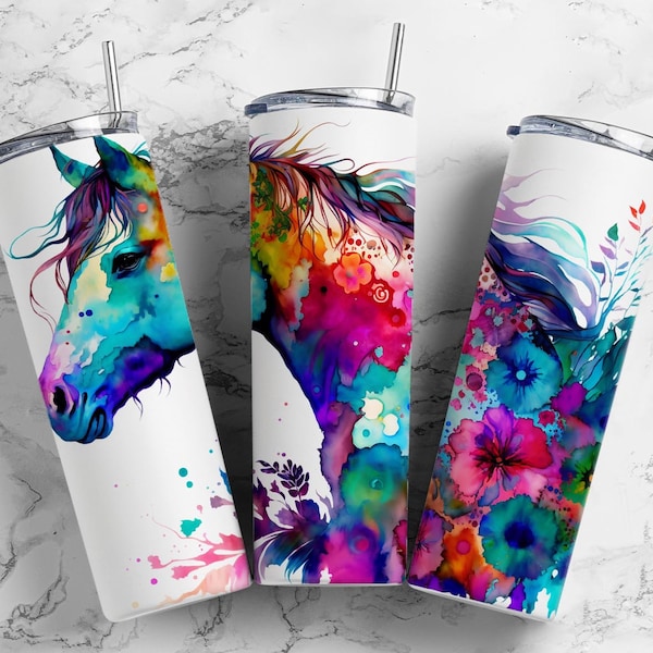 Alcohol ink horse 20oz Sublimation Tumbler designs, Rainbow floral 9.2 x 8.3” Straight Skinny Tumbler Wrap PNG