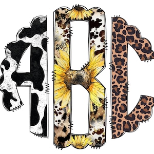 Letras de monograma de leopardo, vaca y girasol, elementos PNG de sublimación de país, paquete de garabatos alfa dibujados a mano, fuente PNG de sublimación occidental con motivos florales
