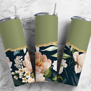 Floral Retro 20oz Sublimation Tumbler Designs, Agate Glitter Green 9.2 x 8.3” Straight Skinny Tumbler Wrap PNG