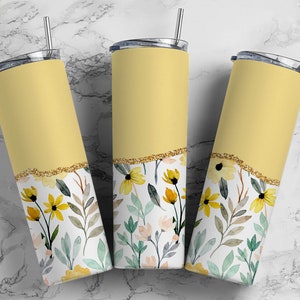 Yellow Flower 20oz Sublimation Tumbler Designs, AestheticFloral 9.2 x 8.3” Straight Skinny Tumbler Wrap PNG, Gold Agate 141