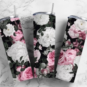 Pink and white roses 20oz Sublimation Tumbler Designs, Rose Floral 9.2 x 8.3” Straight Skinny Tumbler Wrap PNG