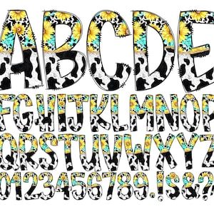 Teal Cow Sunflower Doodle Letters, Transparent Background, Individually Saved Alpha, Entire Doodle Alphabet Uppercase Lowercase Number