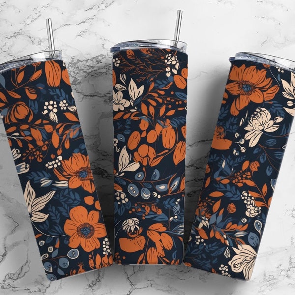 orange and navy floral 20oz Sublimation Tumbler Designs, Botanical 9.2 x 8.3” Straight Skinny Tumbler Wrap PNG