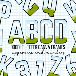 Riempi le tue lettere Block Doodle su CANVA con Uso commerciale consentito. Trascina e rilascia il set Alpha Lettere dell'alfabeto PNG Cornice Canva modificabile