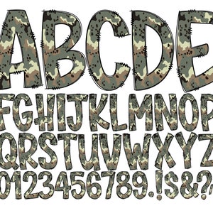 Letras garabatas con estampado de camuflaje del ejército, fondo transparente, alfabeto guardado individualmente, alfabeto garabato completo, números en mayúsculas y minúsculas PNG