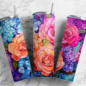 Watercolor Rose 20oz Sublimation Tumbler Designs, Painted Colorful Rose 9.2 x 8.3”  Tumbler Png, Digital Download