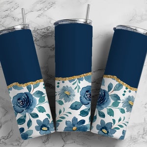 Navy Blue Flower 20 Unzen Sublimationsbecher Designs, AestheticFloral 9,2 x 8,3 ”gerade dünne Tumbler Wrap PNG, Gold Achat 131