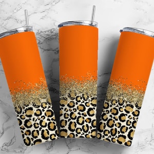Tumbler Tumbler dritto e sottile da 20 once con leopardo arancione neon, design glitter oro, PNG