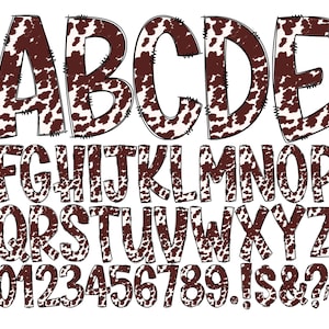 Letras de garabatos de piel de vaca marrón, fondo transparente, paquete de alfabeto guardado individualmente, alfabeto completo de garabatos, números en mayúsculas y minúsculas PNG
