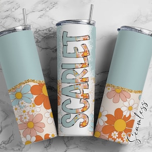 Envoltura para vaso con diseño de flores retro y letras del alfabeto a juego PNG, estética floral, agregue su propio nombre, vaso de 20 oz, conjunto Alpha PNG 164