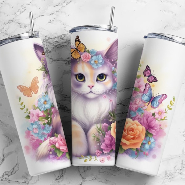 Pastel cat 20oz Sublimation Tumbler Designs, Butterfly floral 9.2 x 8.3” Straight Skinny Tumbler Wrap PNG