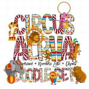 Letras de rabiscos de circo, alfabeto de animais de circo, alfabeto de palhaço PNG, alfabeto de rabiscos inteiros, números maiúsculos e minúsculos PNG, clipart infantil