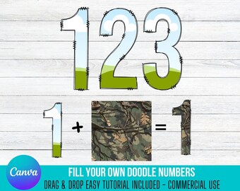 May include: A digital download of doodle numbers 1, 2, and 3 with a camouflage pattern. The numbers are outlined in black and have a green and blue background. The text "FILL YOUR OWN DOODLE NUMBERS" is below the numbers. The text "DRAG & DROP EASY TUTORIAL INCLUDED - COMMERCIAL USE" is below the text "FILL YOUR OWN DOODLE NUMBERS".
