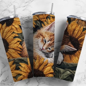 Embroidery Sunflower Cat 20oz Sublimation Tumbler Designs, floral Kitten 9.2 x 8.3” Straight Skinny Tumbler Wrap PNG