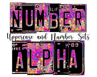 Paint Splatter Number Plate Alphabet Uppercase Numbers PNG, Rainbow Neon Alphabet PNG Digital Download