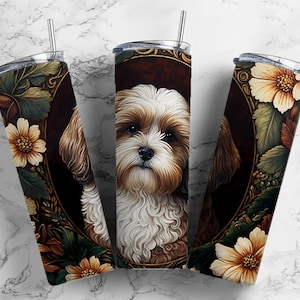 Tooled leather shih tzu 20oz Sublimation Tumbler Designs, Engraved leather 9.2 x 8.3” Straight Skinny Tumbler Wrap PNG