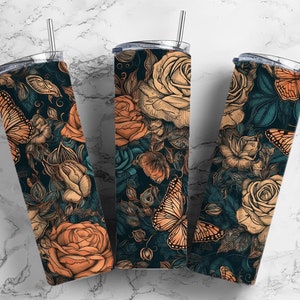 Butterfly roses 20oz Sublimation Tumbler Designs, Botanical floral 9.2 x 8.3” Straight Skinny Tumbler Wrap PNG