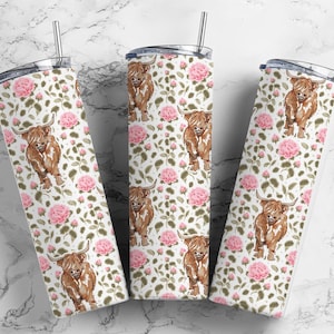 Highland Cow 20oz Sublimation Tumbler Designs, Floral Pink Aesthetic Country Western 9.2 x 8.3” Straight Skinny Tumbler Wrap PNG