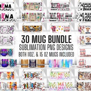 Peut inclure: Un ensemble de 30 designs PNG de sublimation pour des tasses de 11 oz et 15 oz. Les designs présentent une variété de thèmes, notamment le café, les animaux et des citations inspirantes.