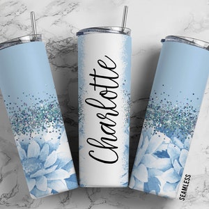 Baby Blue Floral 20oz Sublimation Tumbler Designs, Flower Glitter Split 9.2 x 8.3” Straight Skinny Tumbler Wrap PNG, Aesthetic
