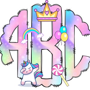 Letras monograma de arcoíris de unicornio, lindos elementos PNG de sublimación, paquete de garabatos alfa dibujados a mano, fuente PNG de sublimación de unicornio