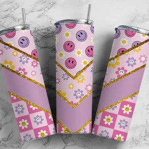 Cute Retro Daisy 20oz Sublimation Tumbler Designs, Pink Glitter Aesthetic 9.2 x 8.3” Straight Skinny Tumbler Wrap PNG 77